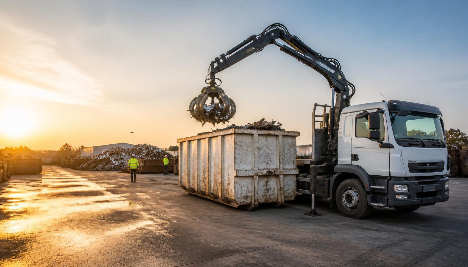 Grab lorry loading scrap metal at a collection yard